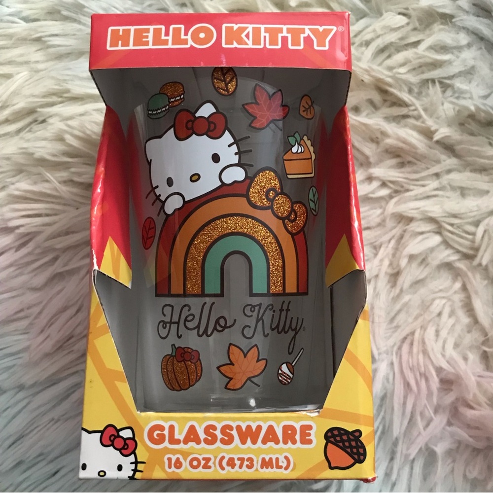 Hello Kitty fall leaves Halloween glitter glass cup, NEW!